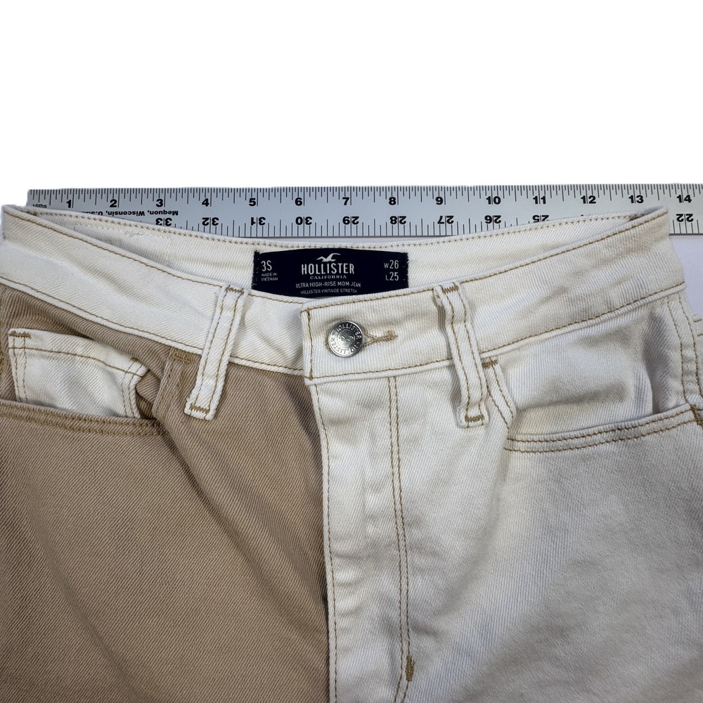 Hollister Colorblock Patchwork Mom Jeans 3S W26‎ L25 High Rise White Tan Denim - Picture 6 of 12